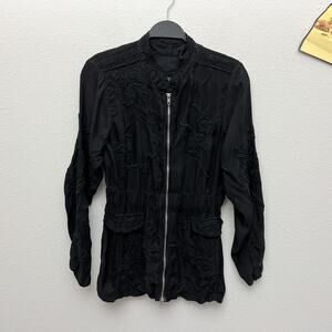 johnny was crawford black satin cupra floral boho embroidered zip jacket